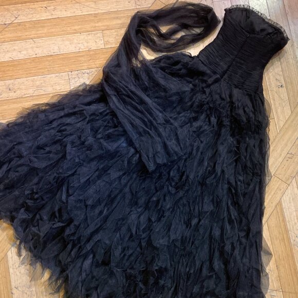 Pronovias Gothic Princess Prom Wedding Gown Black Tulle Ruffle Strapless Dress M - Picture 6 of 7